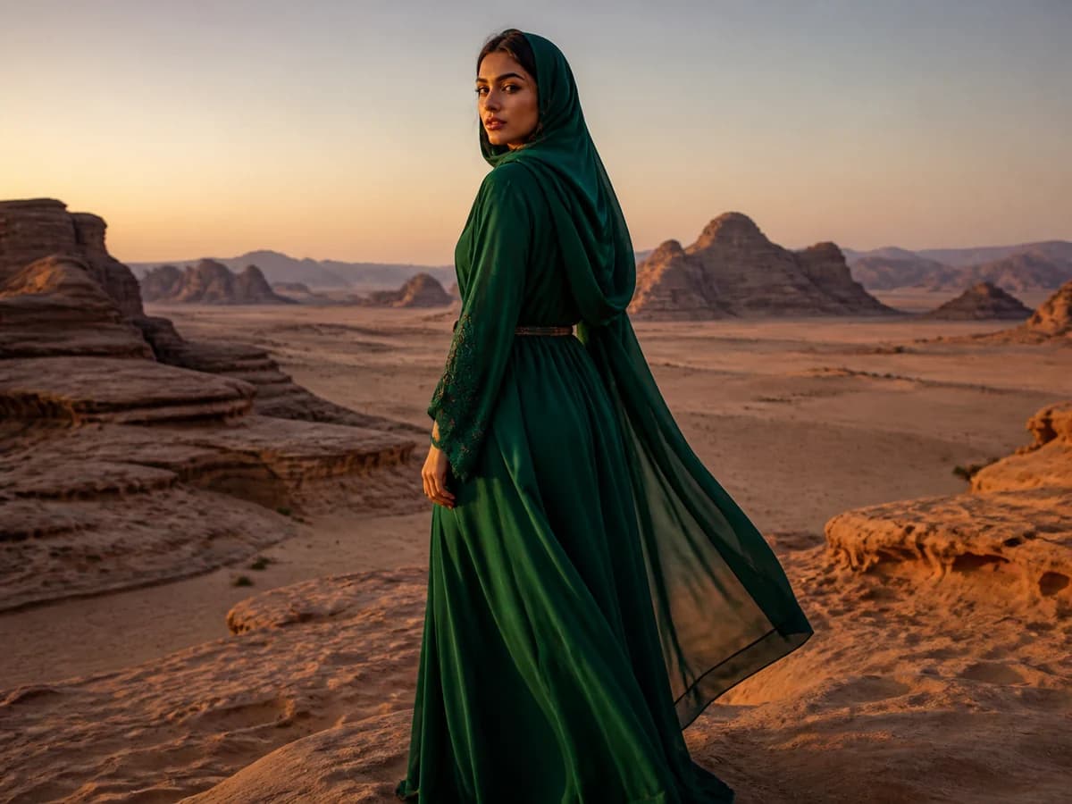 بورتريه أزياء لامرأة عربية خيالية في الصحراء