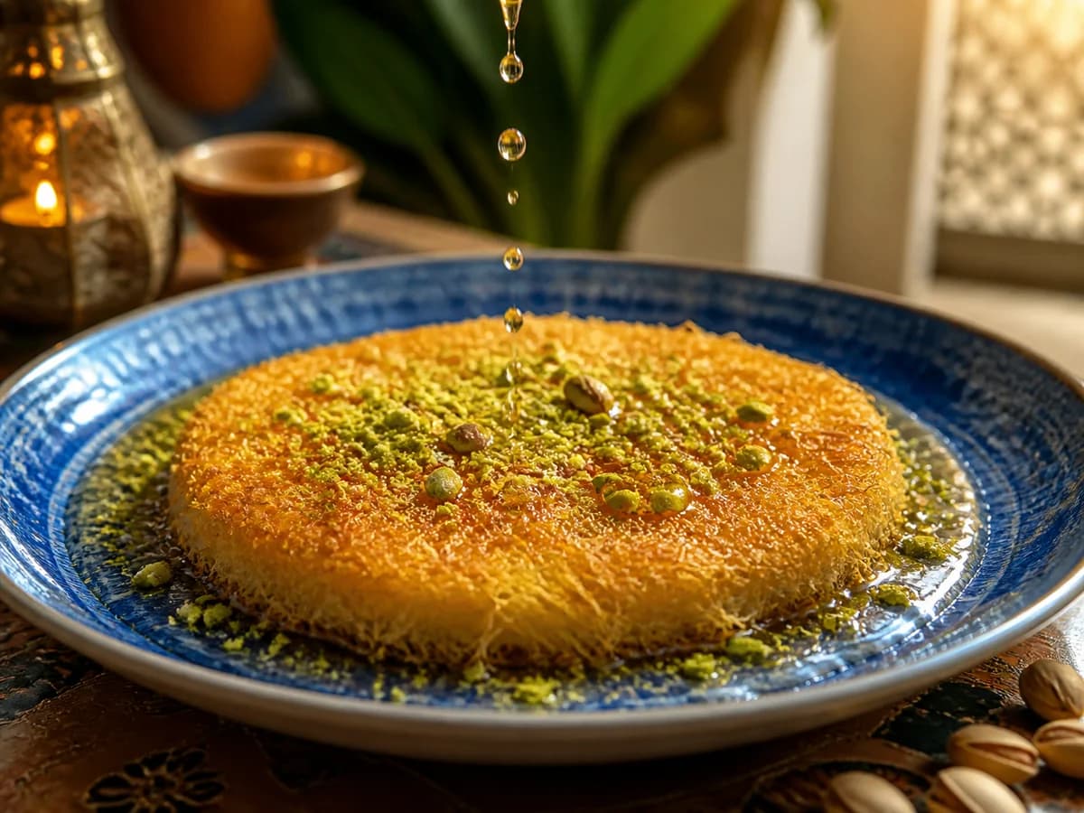 صورة طعام لكنافة ذهبية مع فستق وقطر