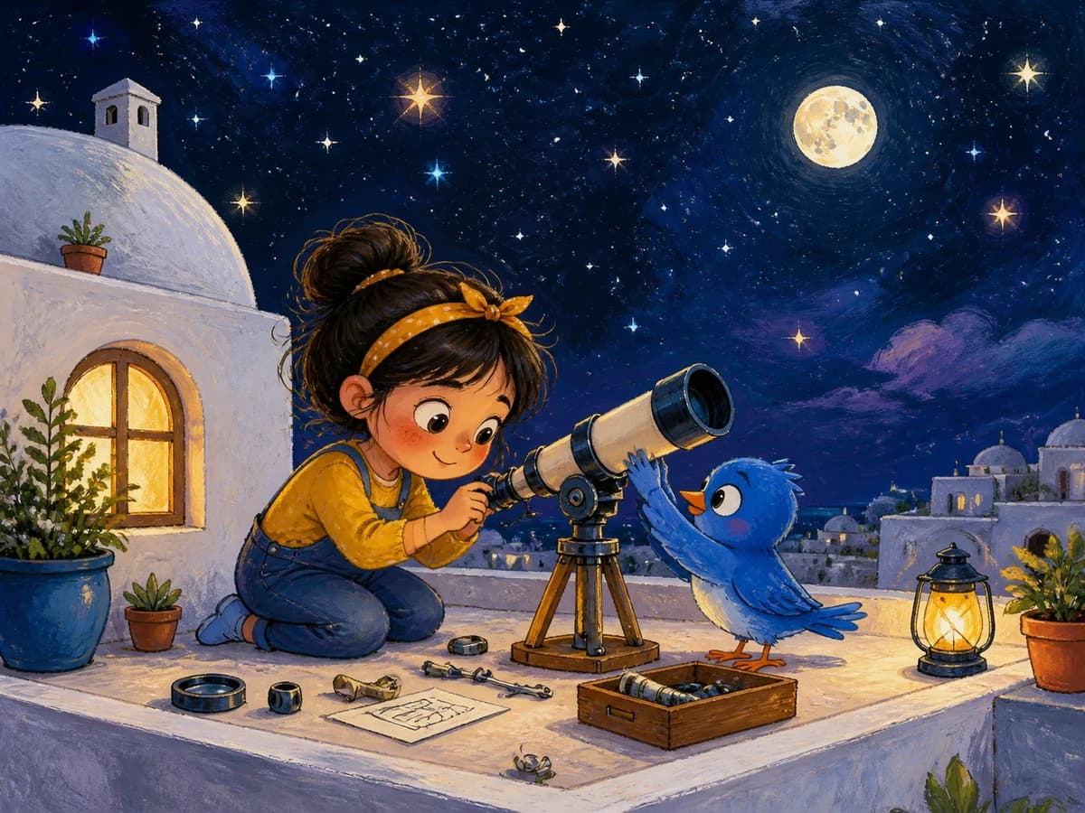 رسم قصة أطفال لفتاة عربية وتلسكوب وطائر أزرق