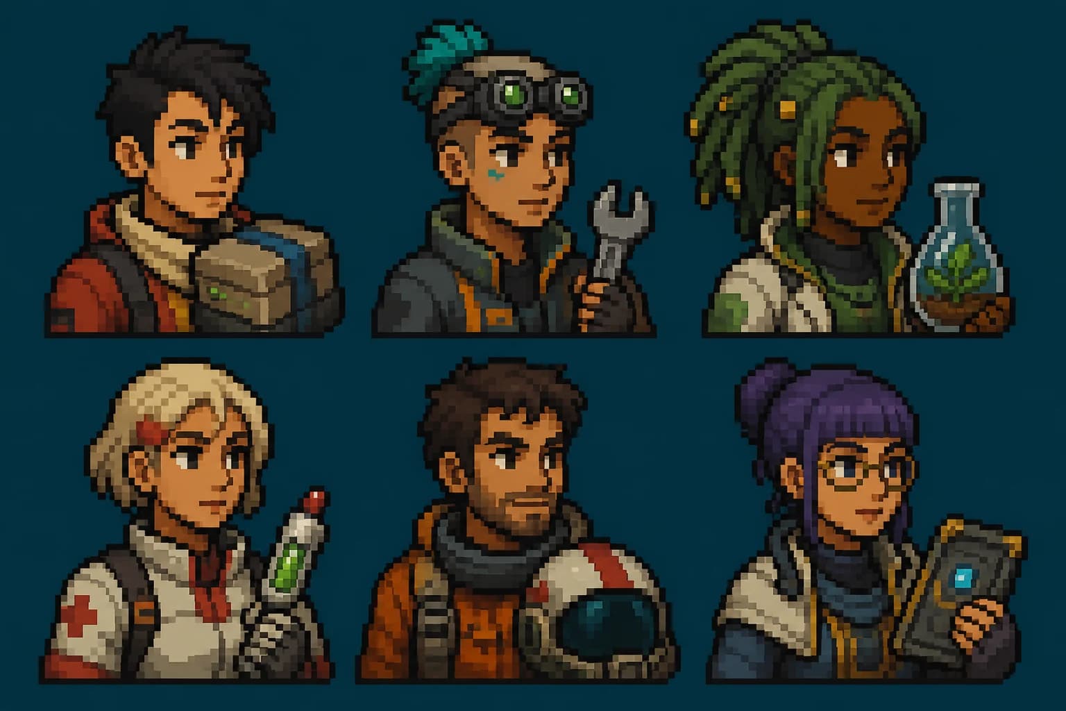 Six original pixel-art science-fiction crew portraits