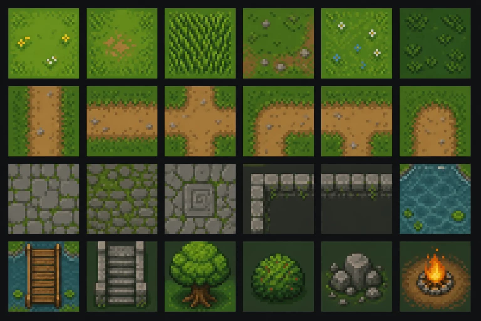 Original top-down pixel-art forest and ruins tileset