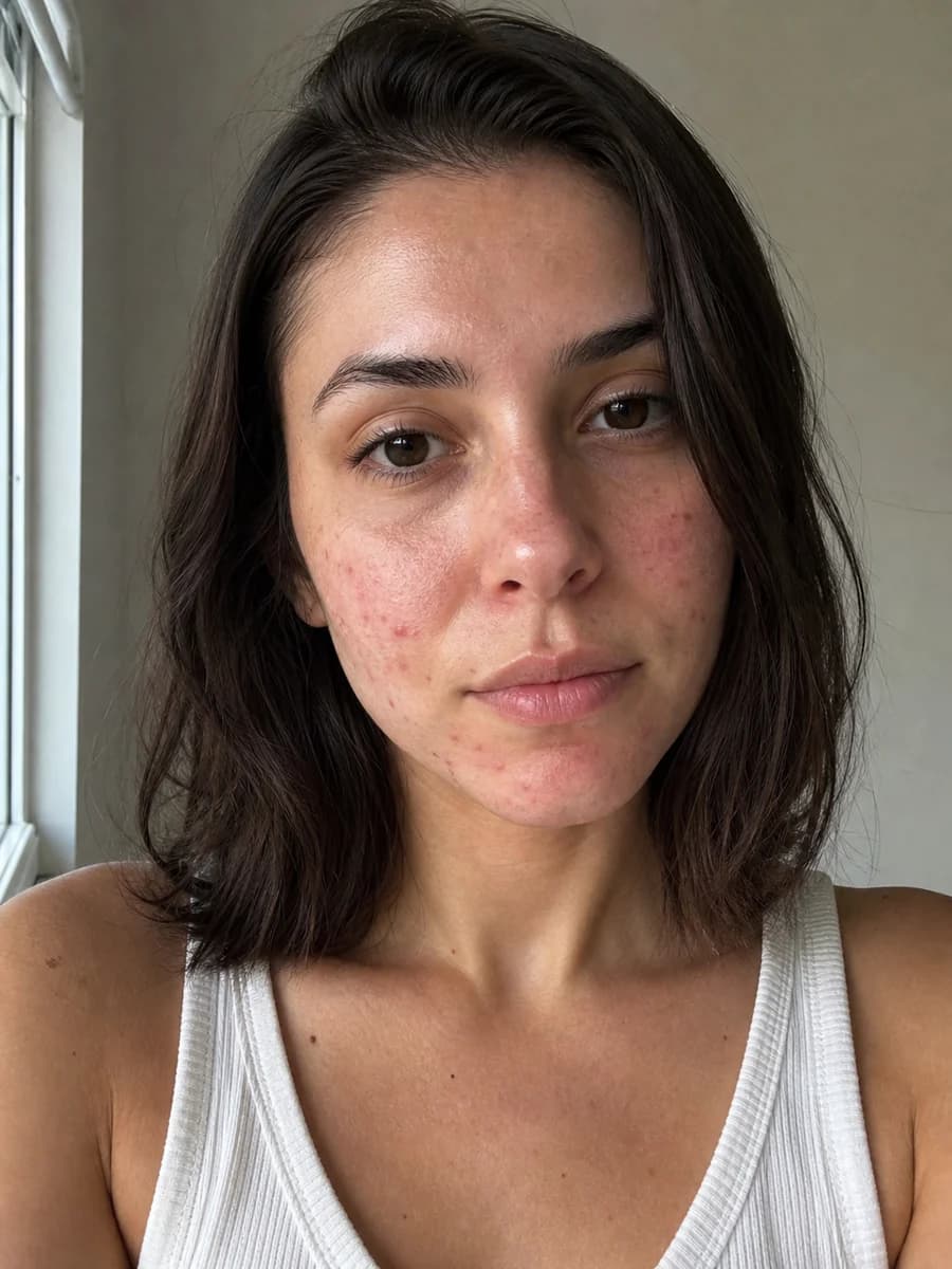 Portrait before skin enhancement with visible cheek blemishes and redness