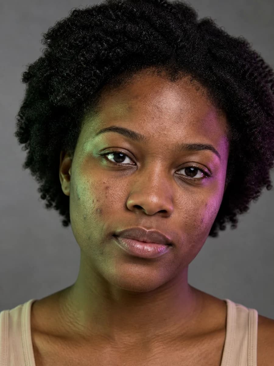 Deep skin tone portrait before enhancement under green and magenta mixed light