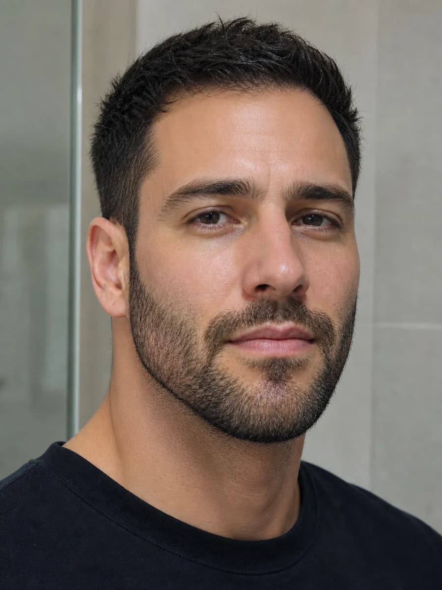 Same bearded portrait after reducing razor redness and shine