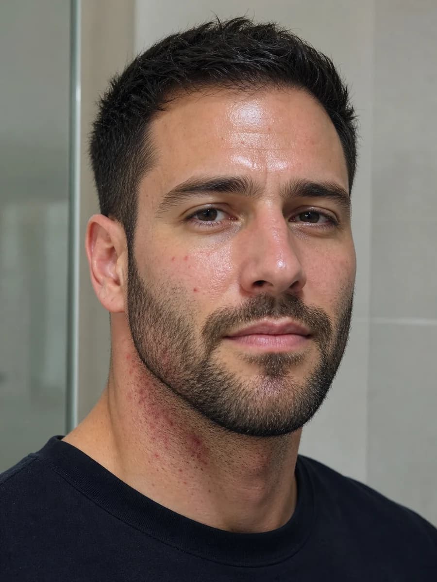 Bearded portrait before enhancement with razor irritation and oily highlights