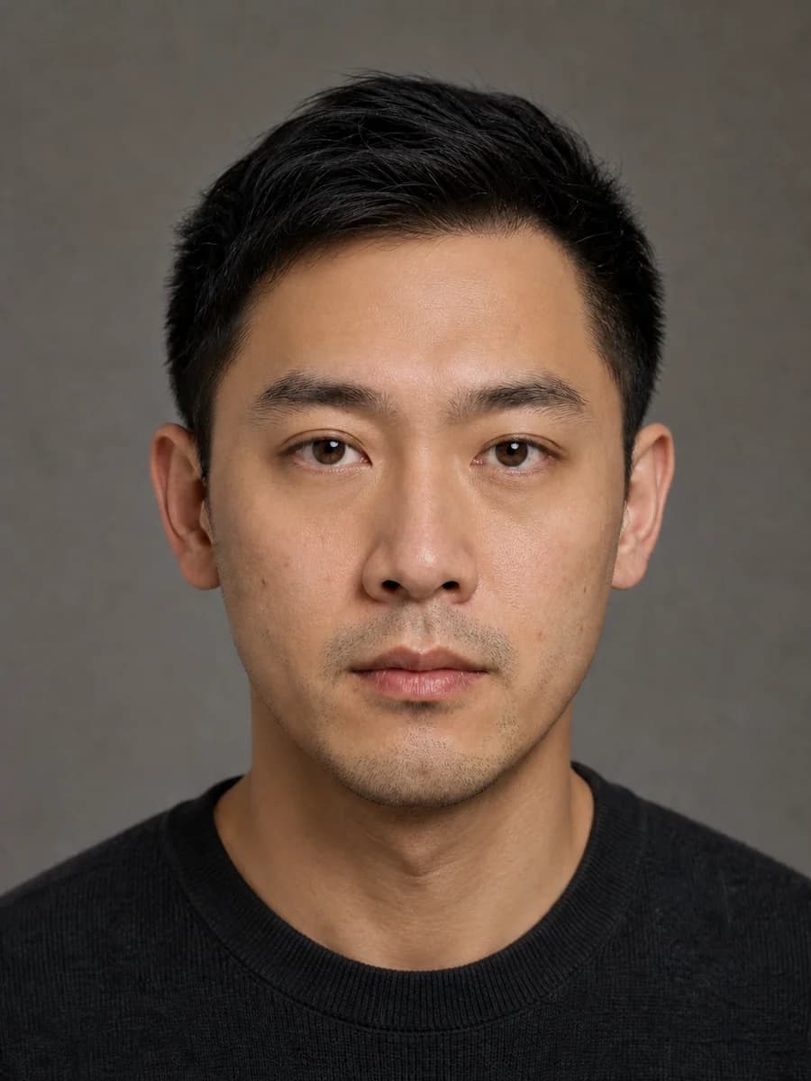 Same headshot after balancing under-eyes and shine while preserving stubble