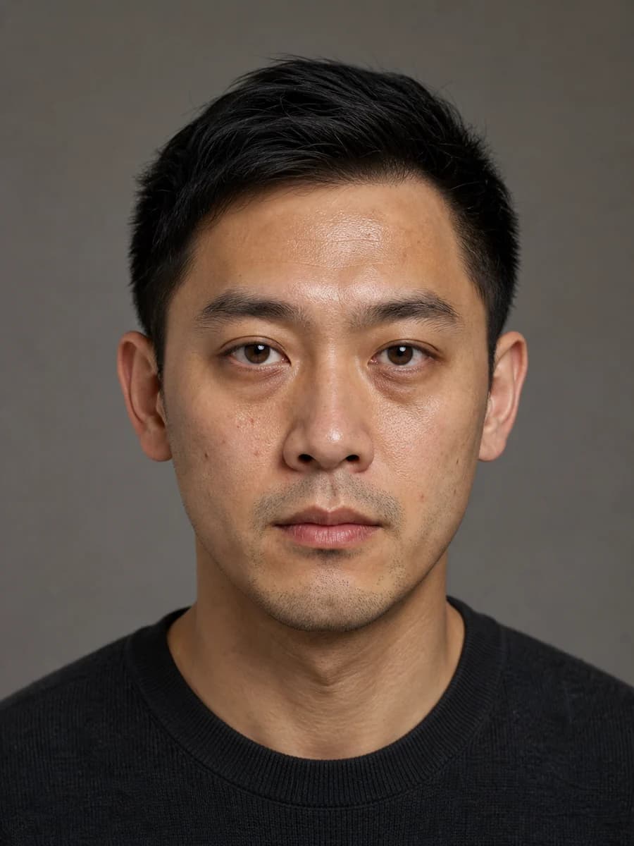 Professional headshot before enhancement with dark under-eyes and facial shine