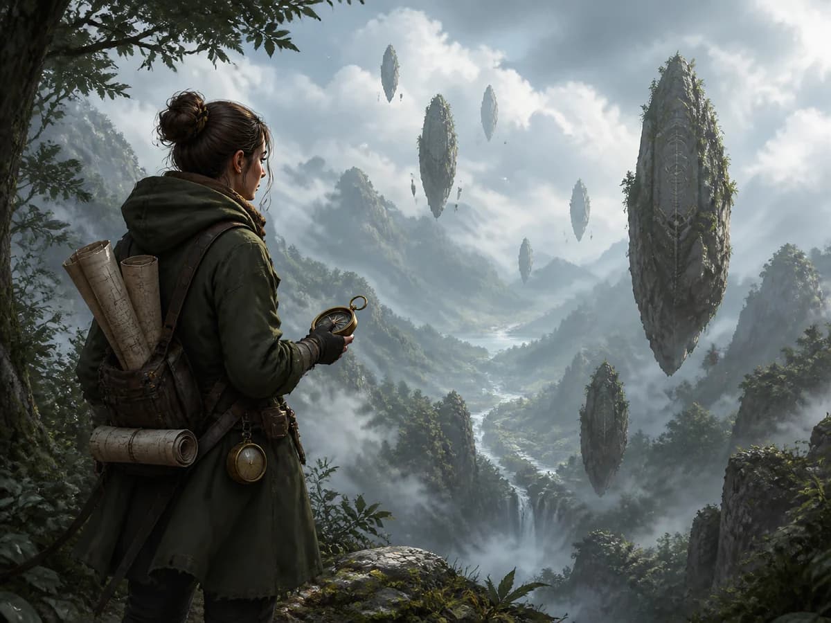 Fantasy térképész lebegő monolitok között