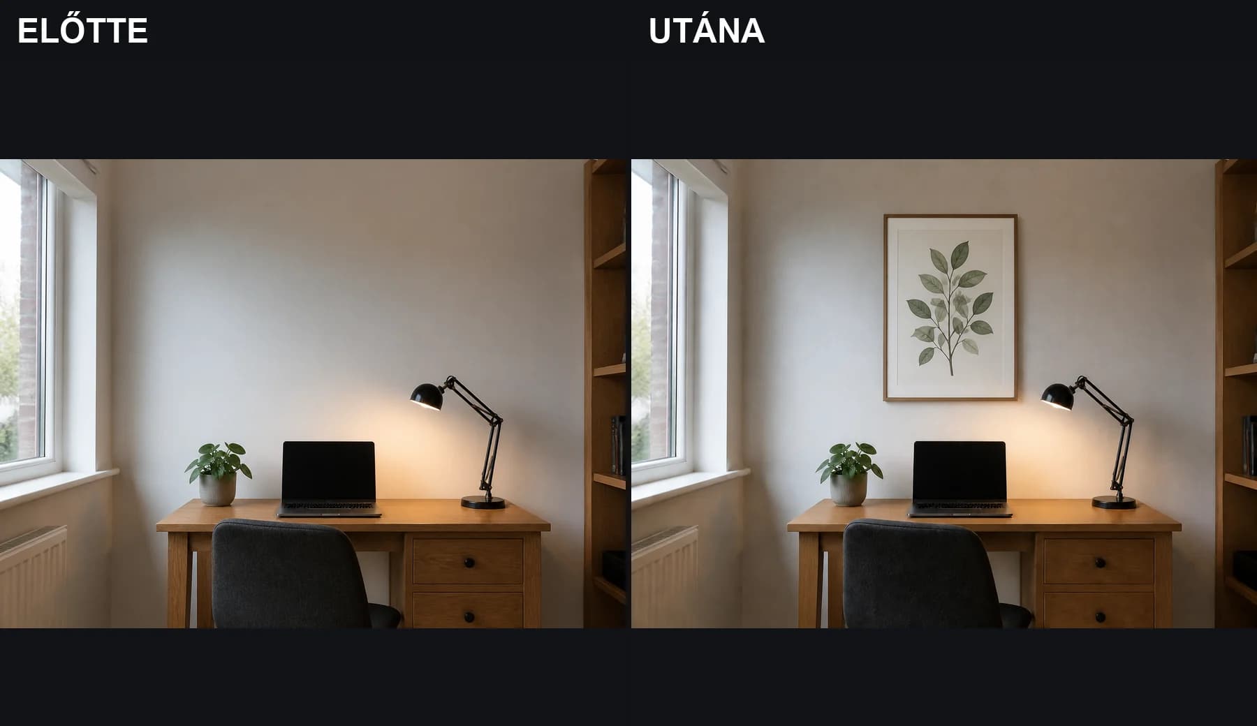 Botanikai falikép hozzáadása irodához előtte és utána