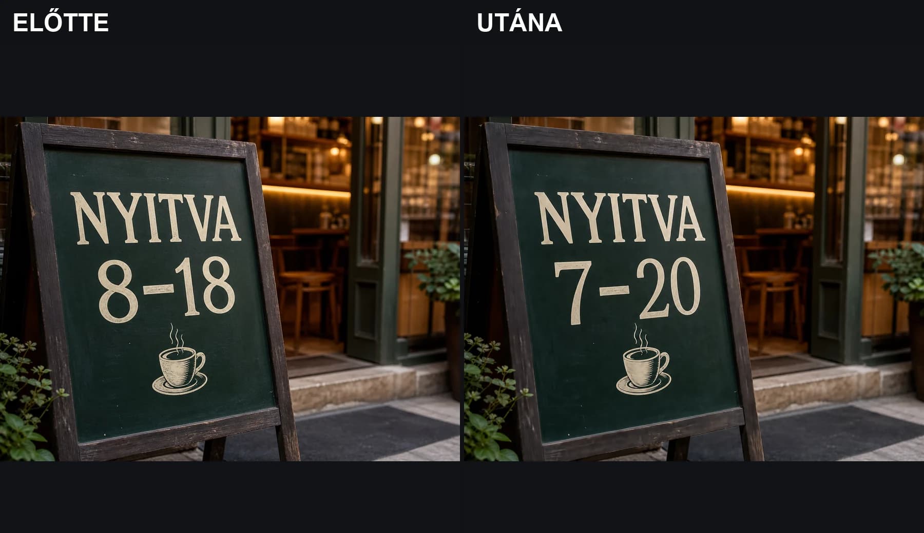Magyar nyitvatartási tábla feliratcsere előtte és utána