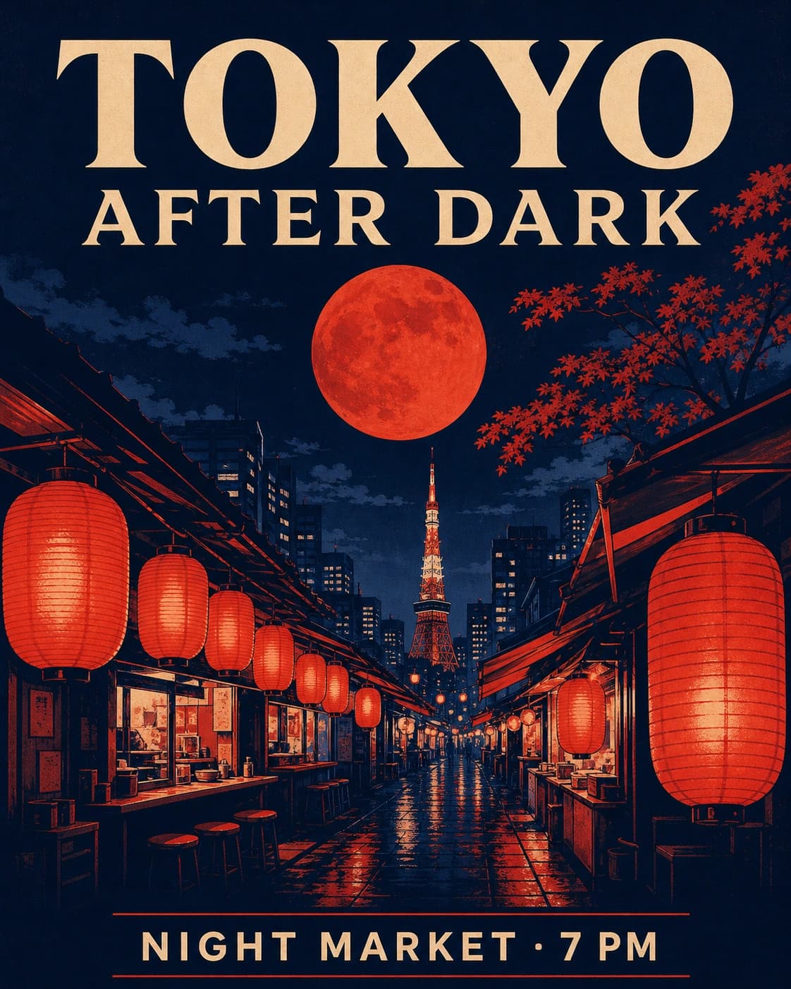 English Tokyo night-market travel poster