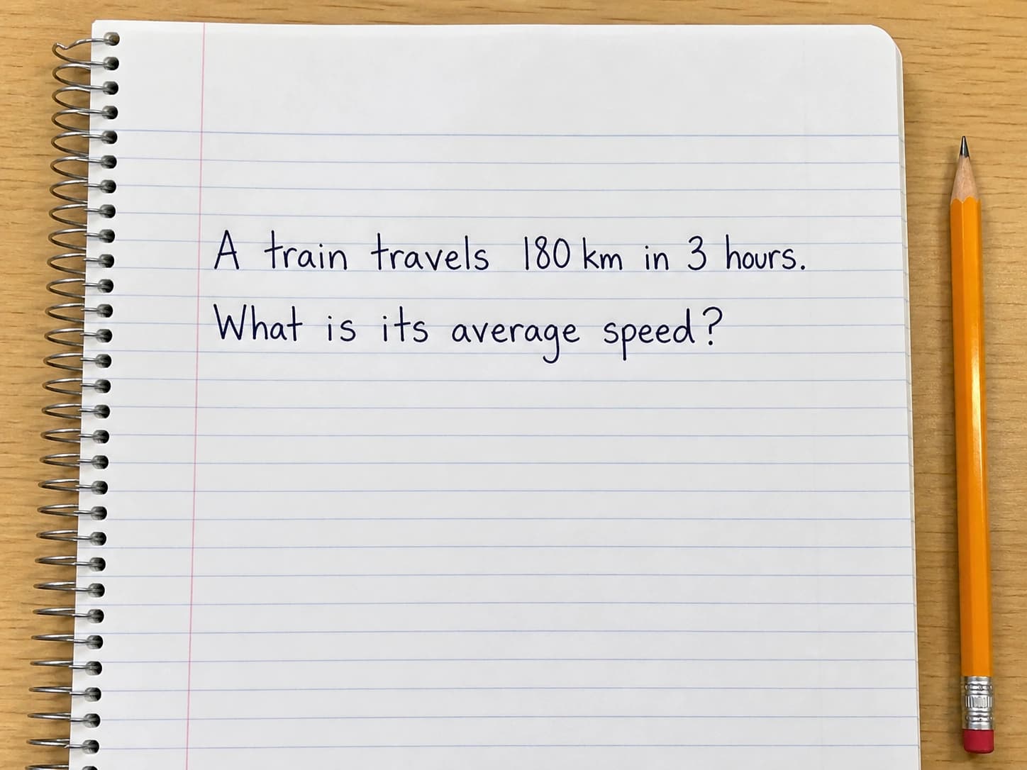 Notebook problem asking for the average speed of a train traveling 180 kilometers in 3 hours