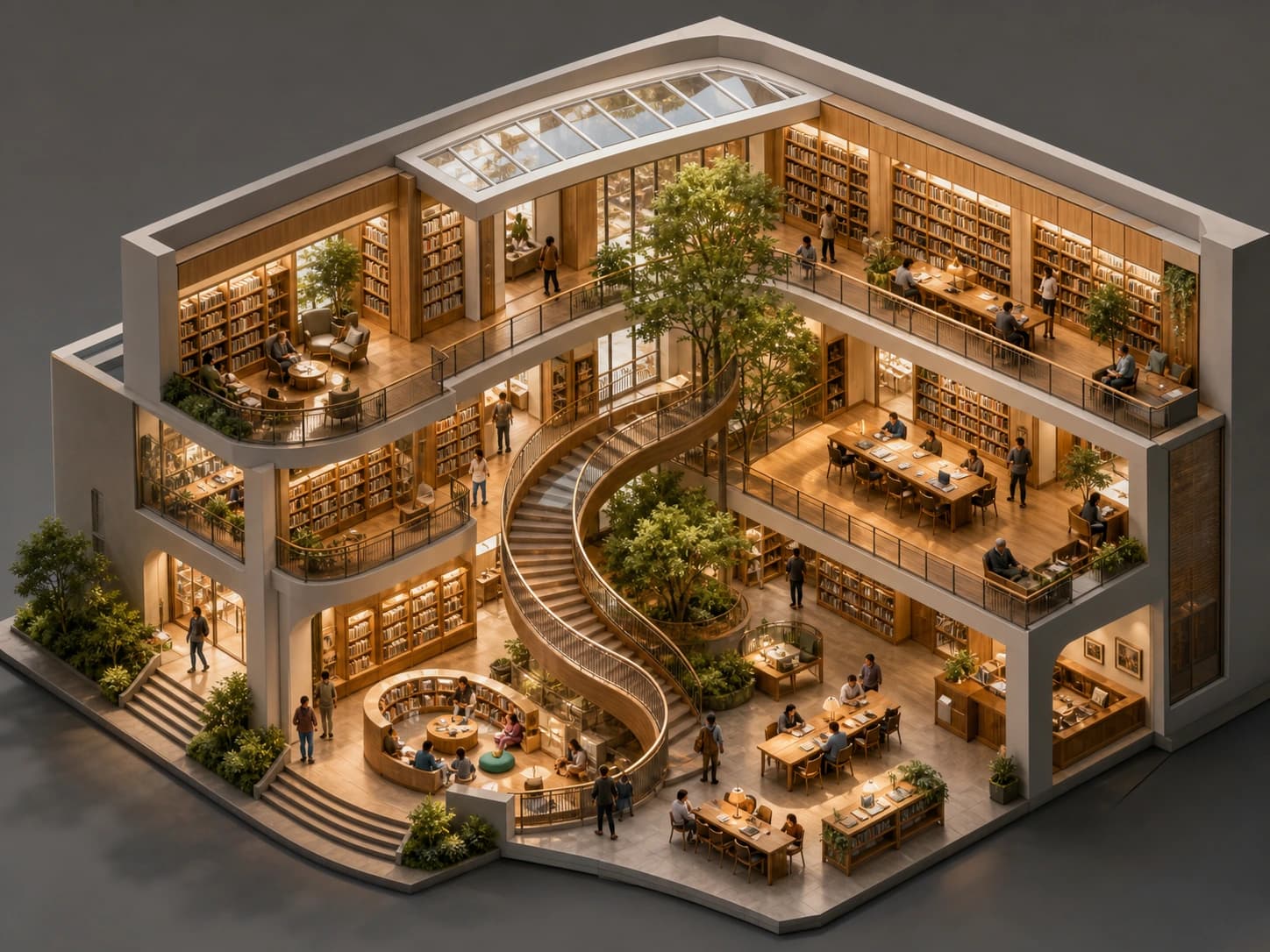 Isometric library cutaway testing connected floors and circulation