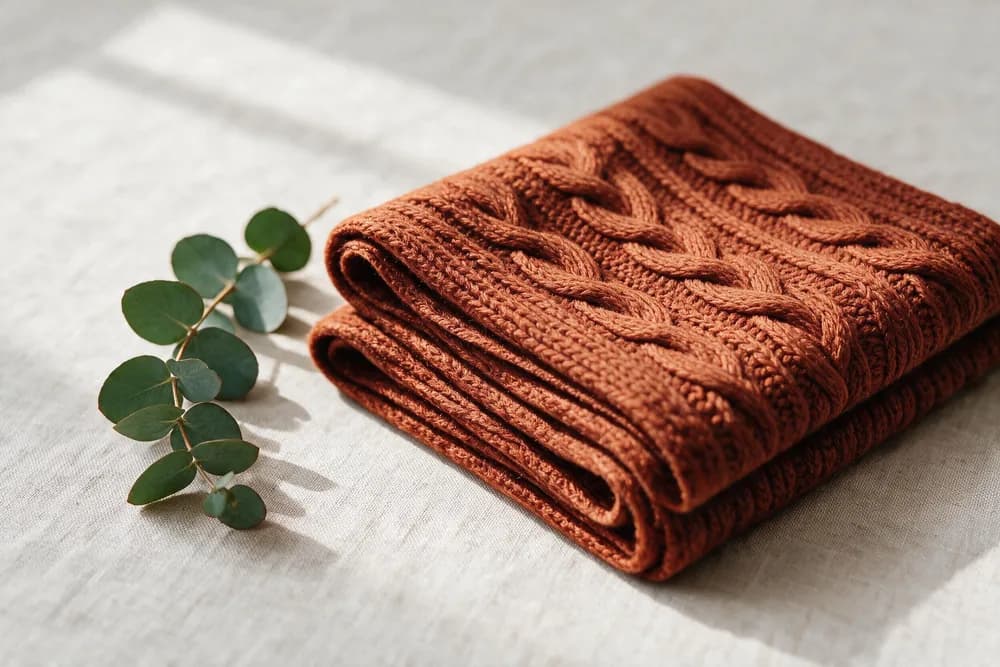 After the edit: the same scene with a rust-orange cable knit scarf in place of the charcoal wool