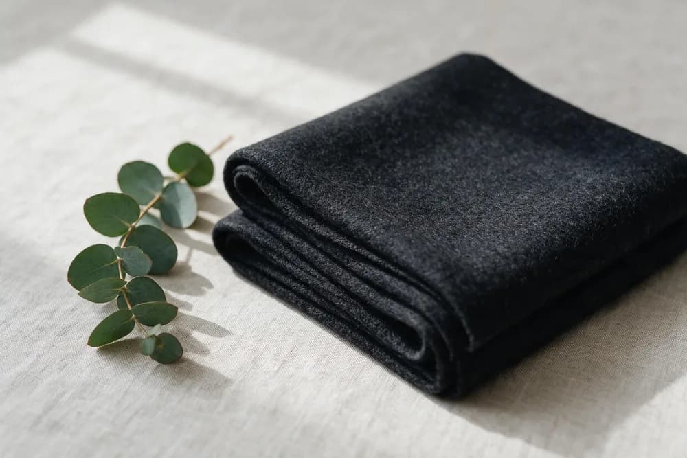 Before the edit: a folded charcoal wool scarf beside a eucalyptus sprig on linen
