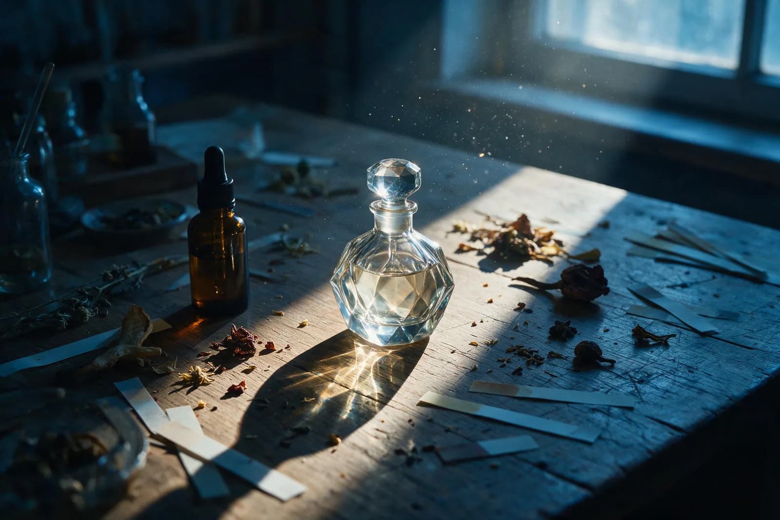 Seedream 5.0 Pro output: a faceted glass flacon on a perfumer's workbench with caustics and dust in a shaft of window light