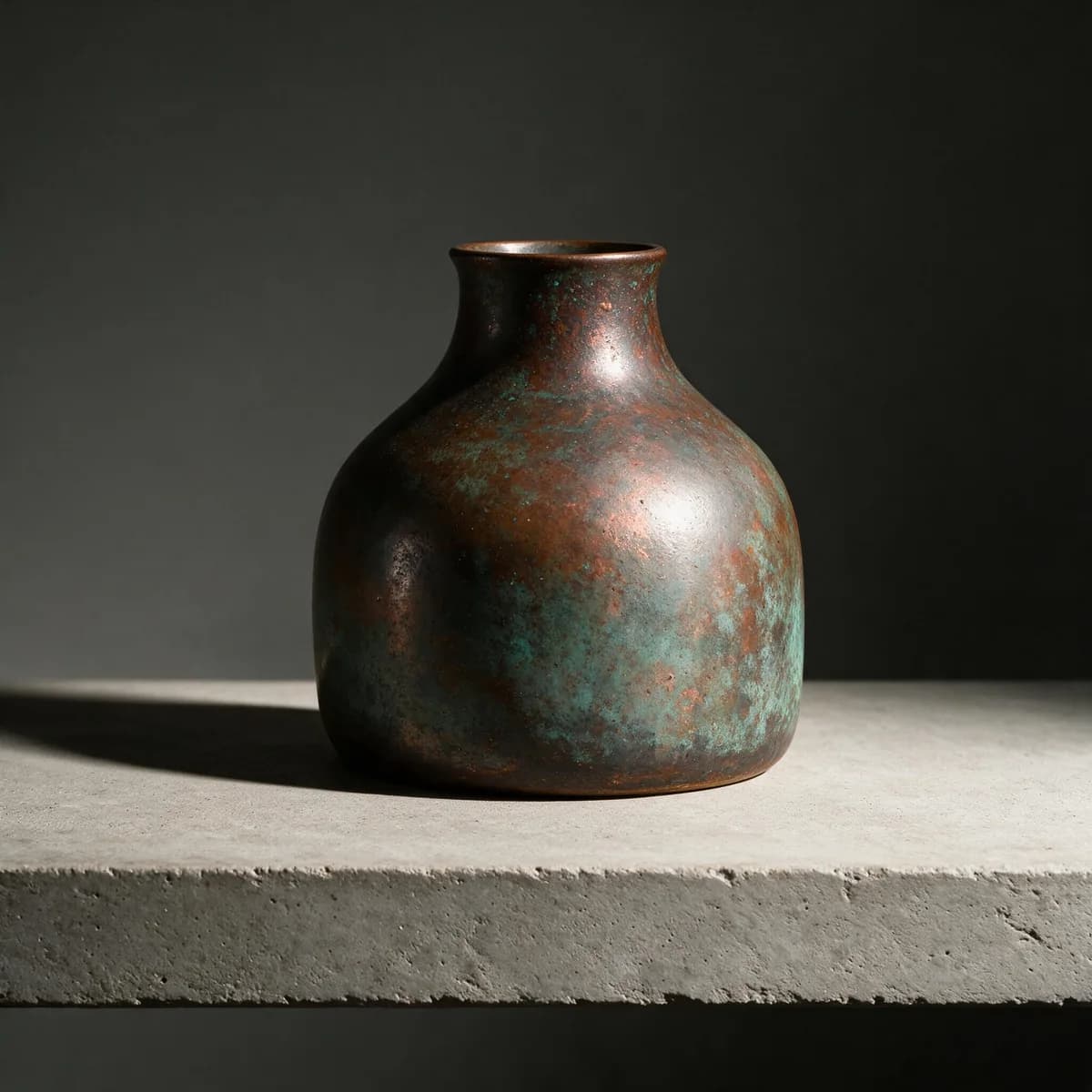 Seedream 5.0 Pro composite: an oxidised copper vessel with the reference silhouette, palette, and side lighting