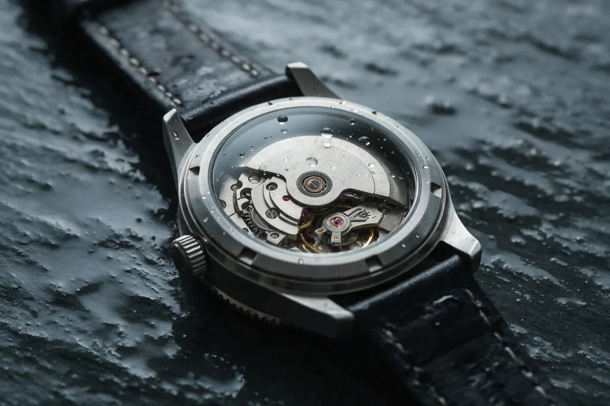 Seedream 5.0 Pro result: a dive watch on wet slate with the movement readable under a beaded crystal