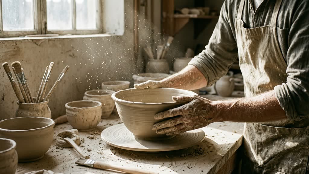 Source still of a potter holding a half-thrown bowl in a sunlit workshop