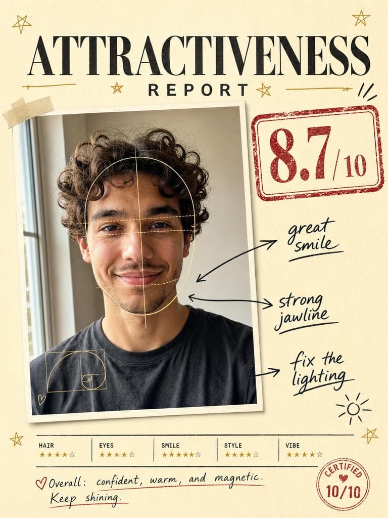 AI attractiveness test result: graded report card with score, annotations and golden-ratio lines