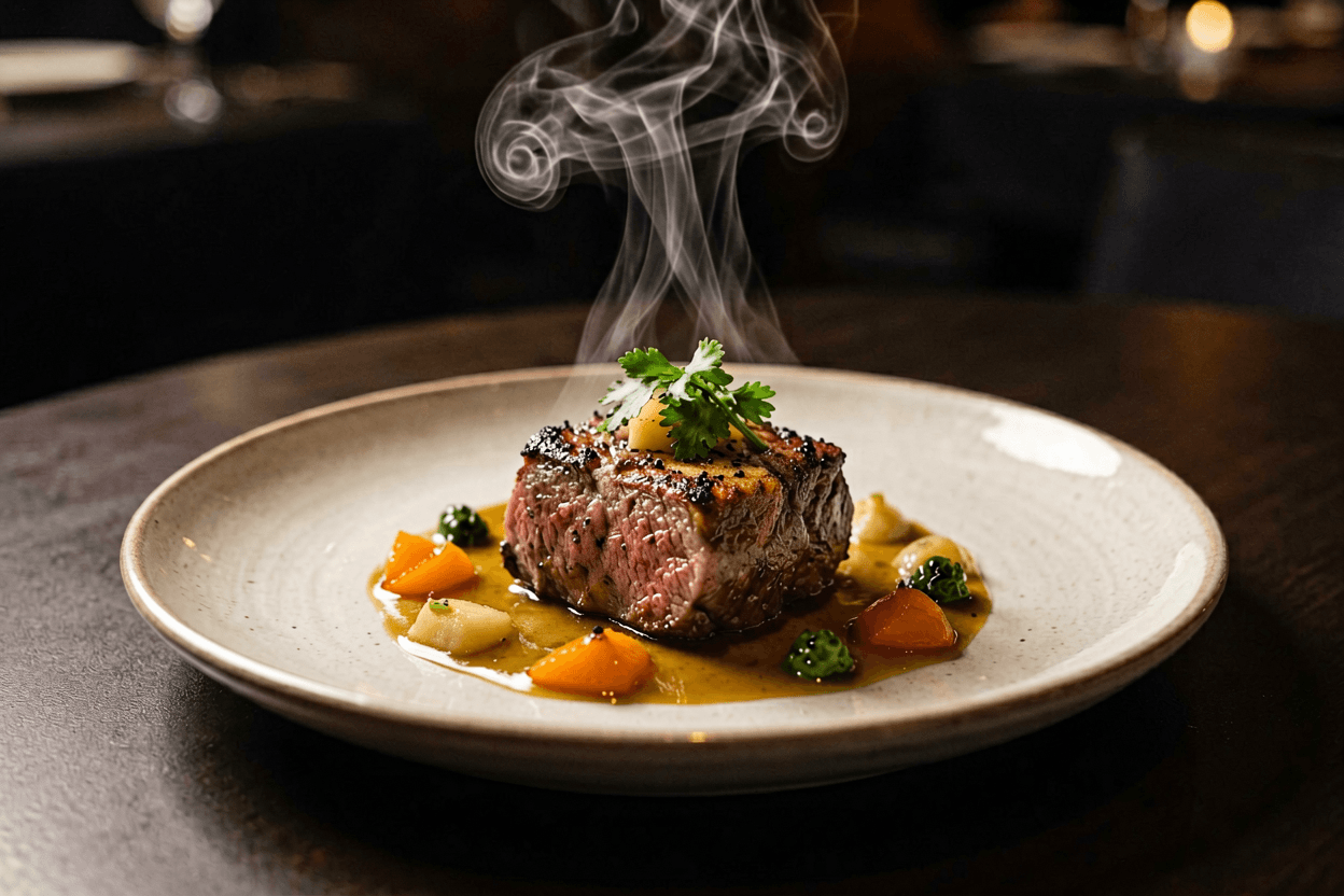 Animate image ai image to video tool for a restaurant dish photo with steam and light flicker.