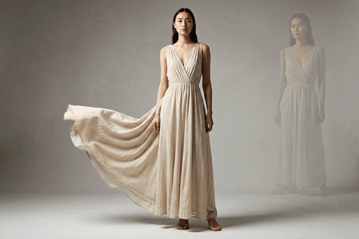 Animate image ai image to video tool for a fashion lookbook still with fabric sway.