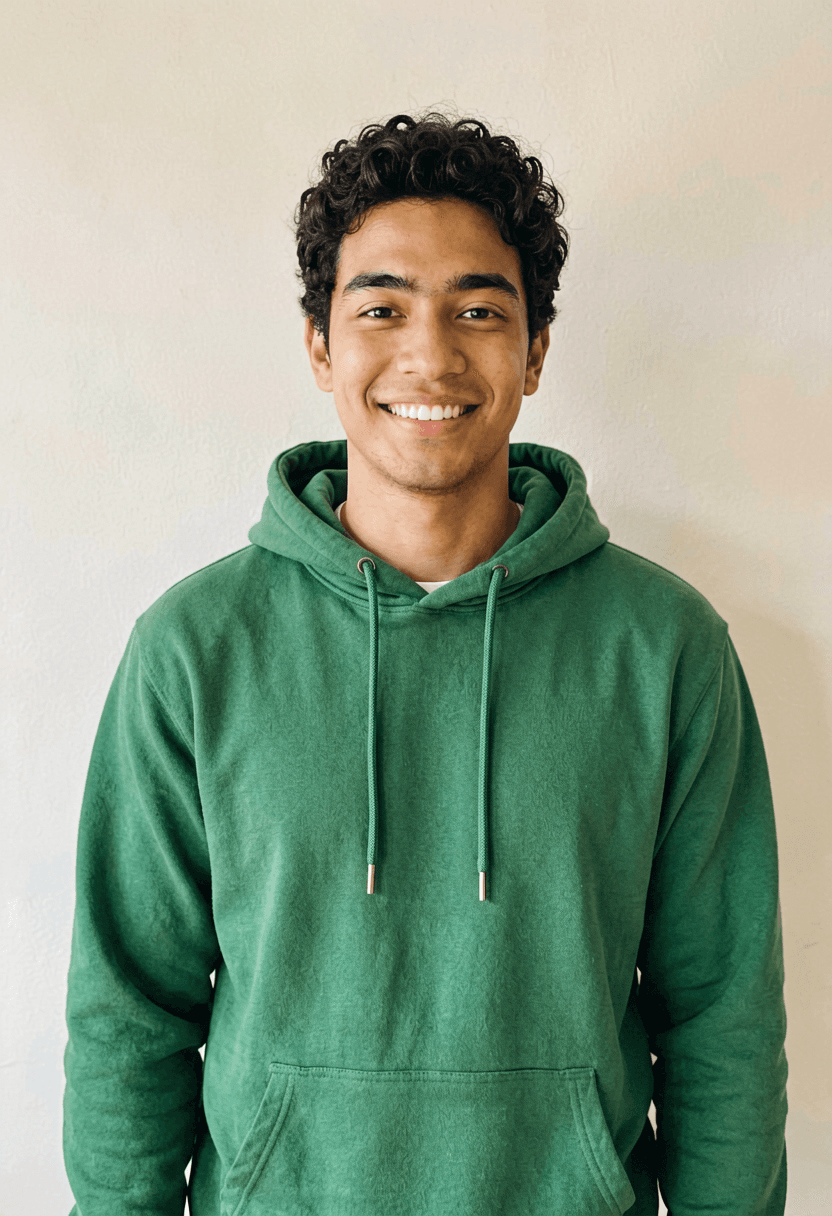 Foto original enviada ao gerador: jovem de moletom verde sorrindo