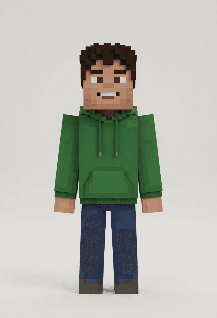Mesma pessoa convertida em personagem de Minecraft em blocos, moletom verde preservado
