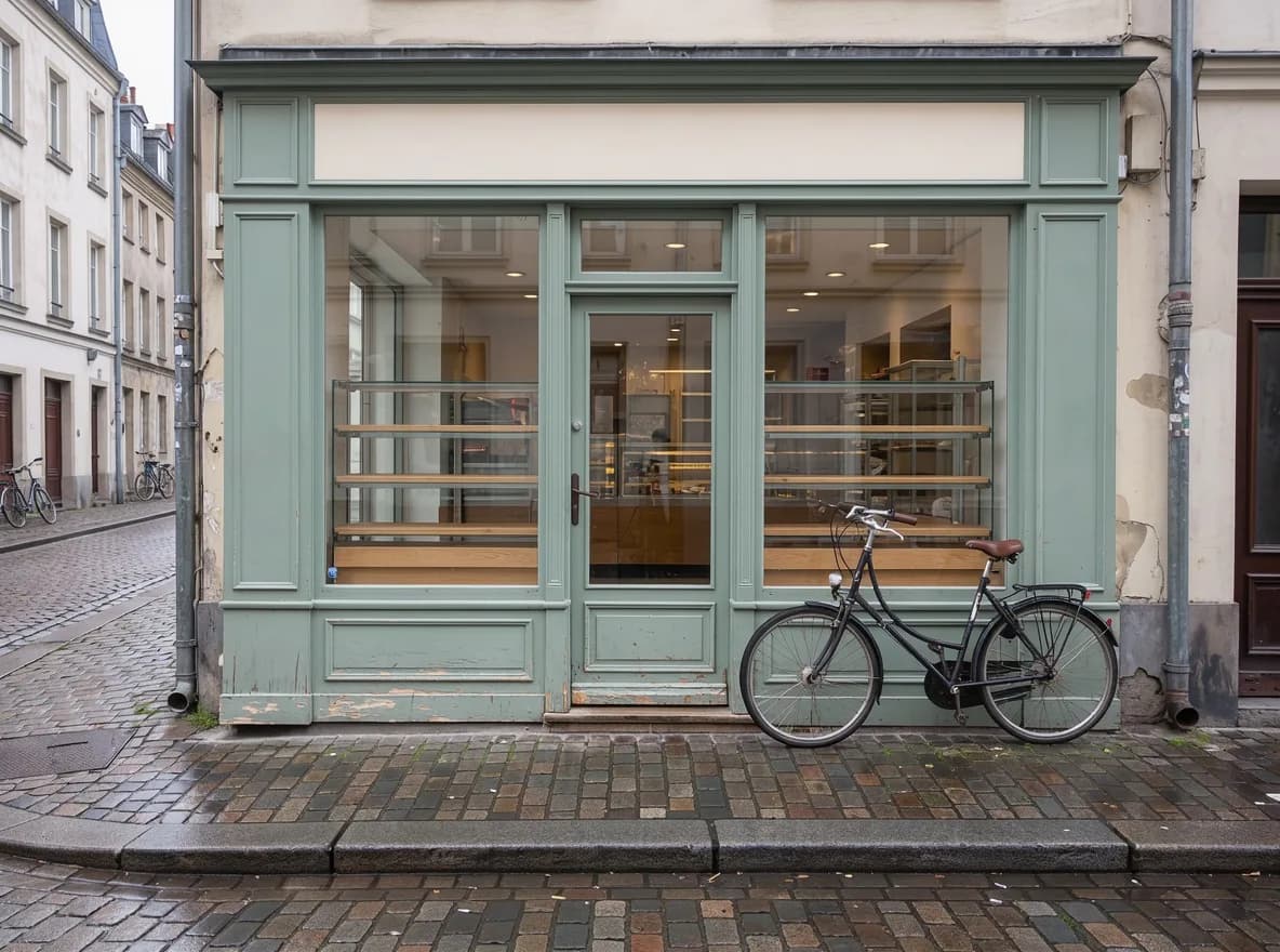 Source: a pale green bakery front with a blank sign, empty shelves and a bicycle on an overcast morning