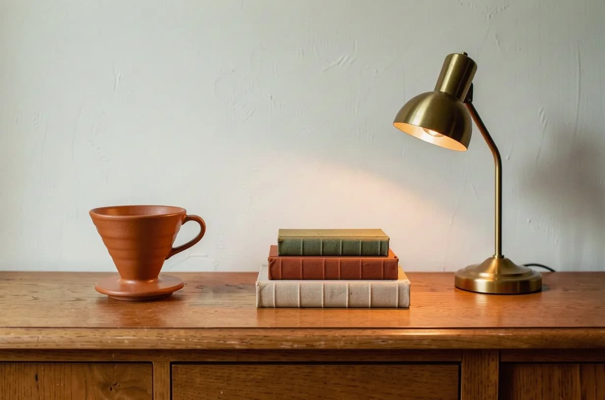 FLUX 3 Image edit result: the terracotta dripper stands where the teapot was, with the books and lamp unchanged
