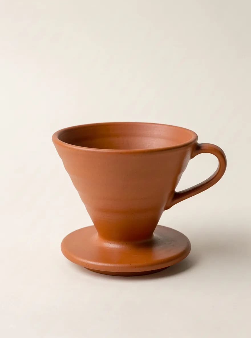 Reference image 2: a terracotta pour-over dripper on an off-white background