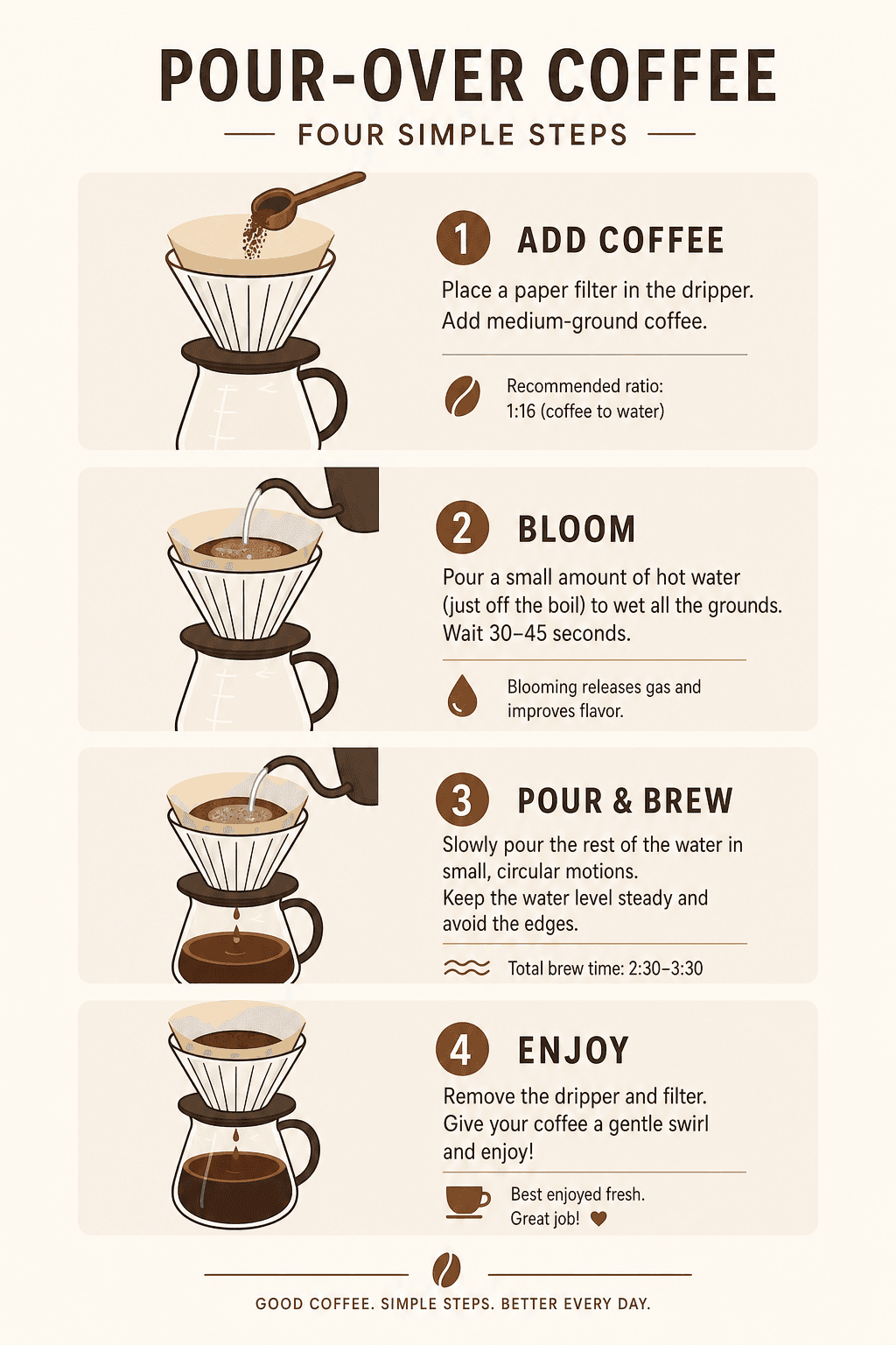 Pour-over coffee — four numbered steps — GPT Image 2 prompt example