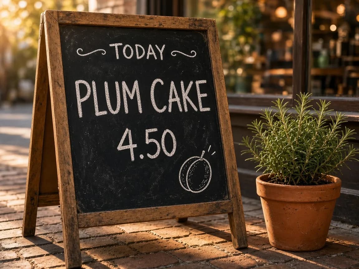 After the Grok Imagine Image 2.0 edit: the chalkboard reads Today Plum Cake 4.50 with a chalk plum