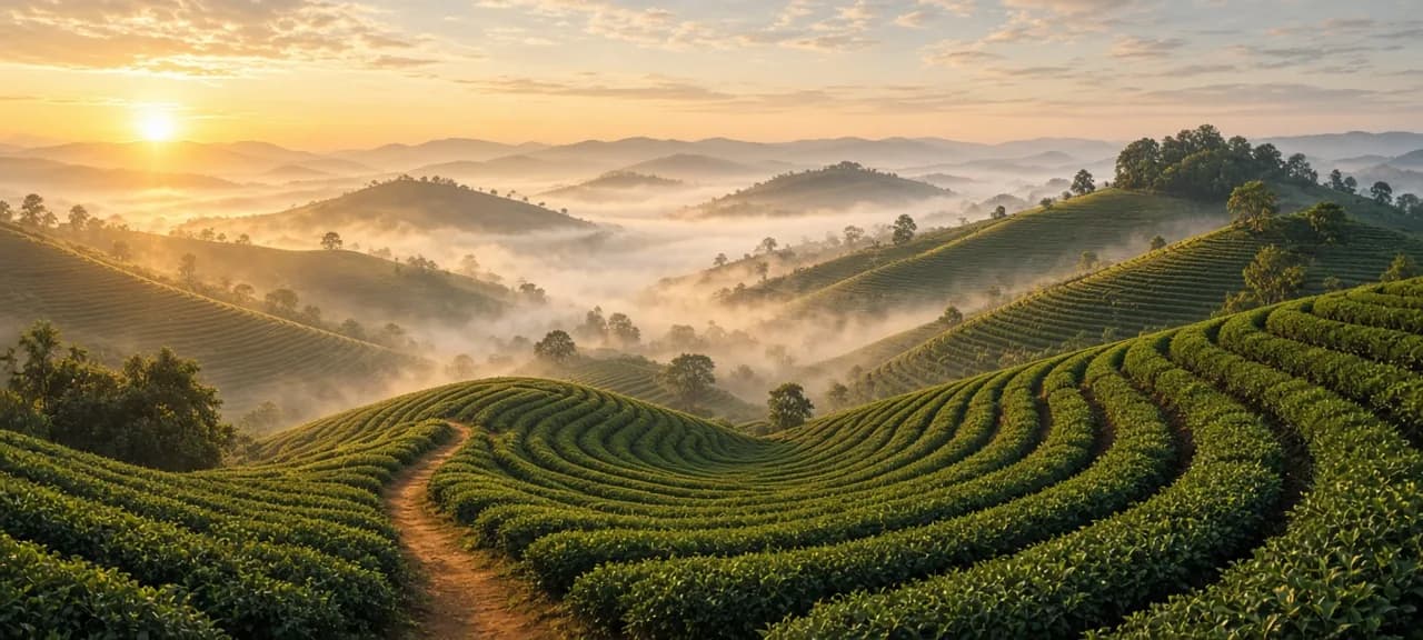 Grok Imagine Image 2.0 ultra-wide 20:9 photo of misty terraced tea fields at sunrise