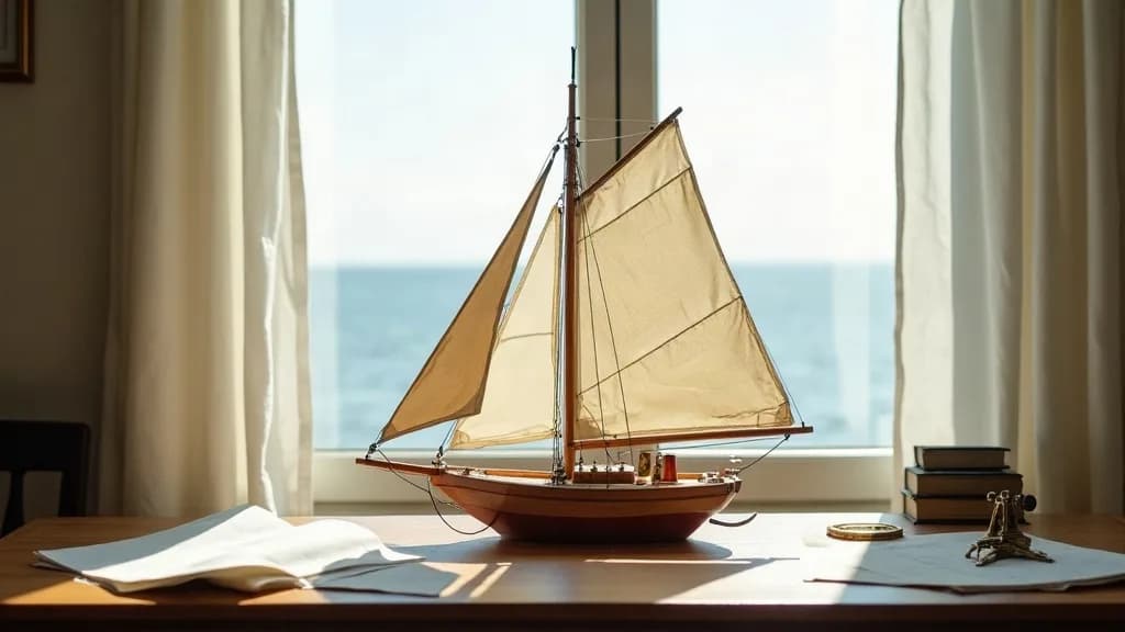 Uploaded still: a model sailboat on a desk by an open window