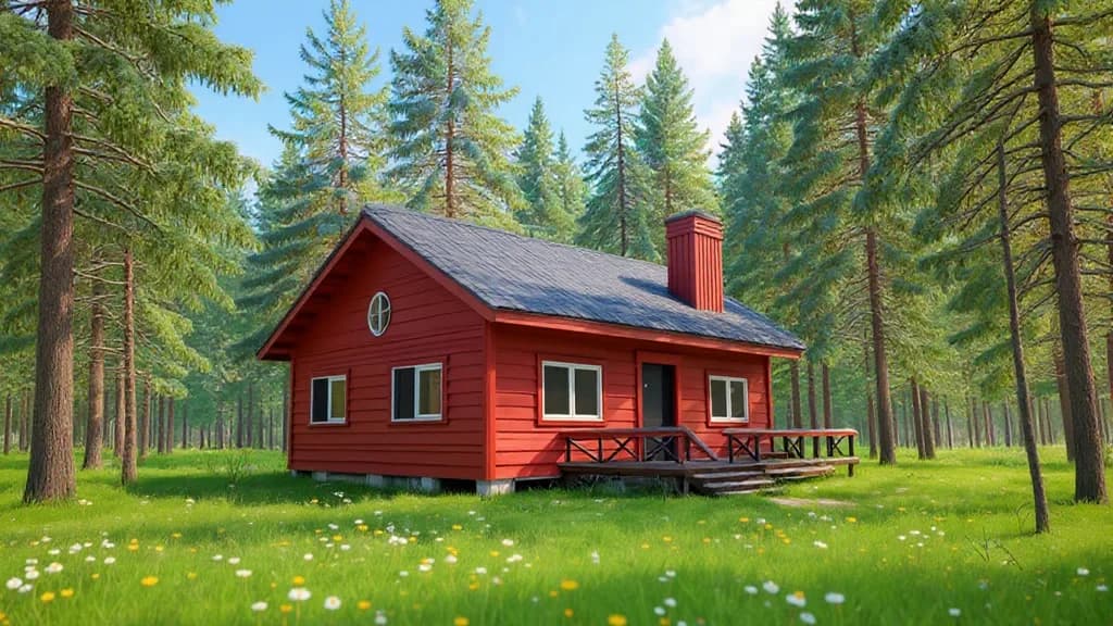 End image: the same cabin in a spring meadow
