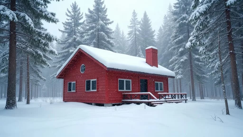 Start image: a red cabin in deep snow