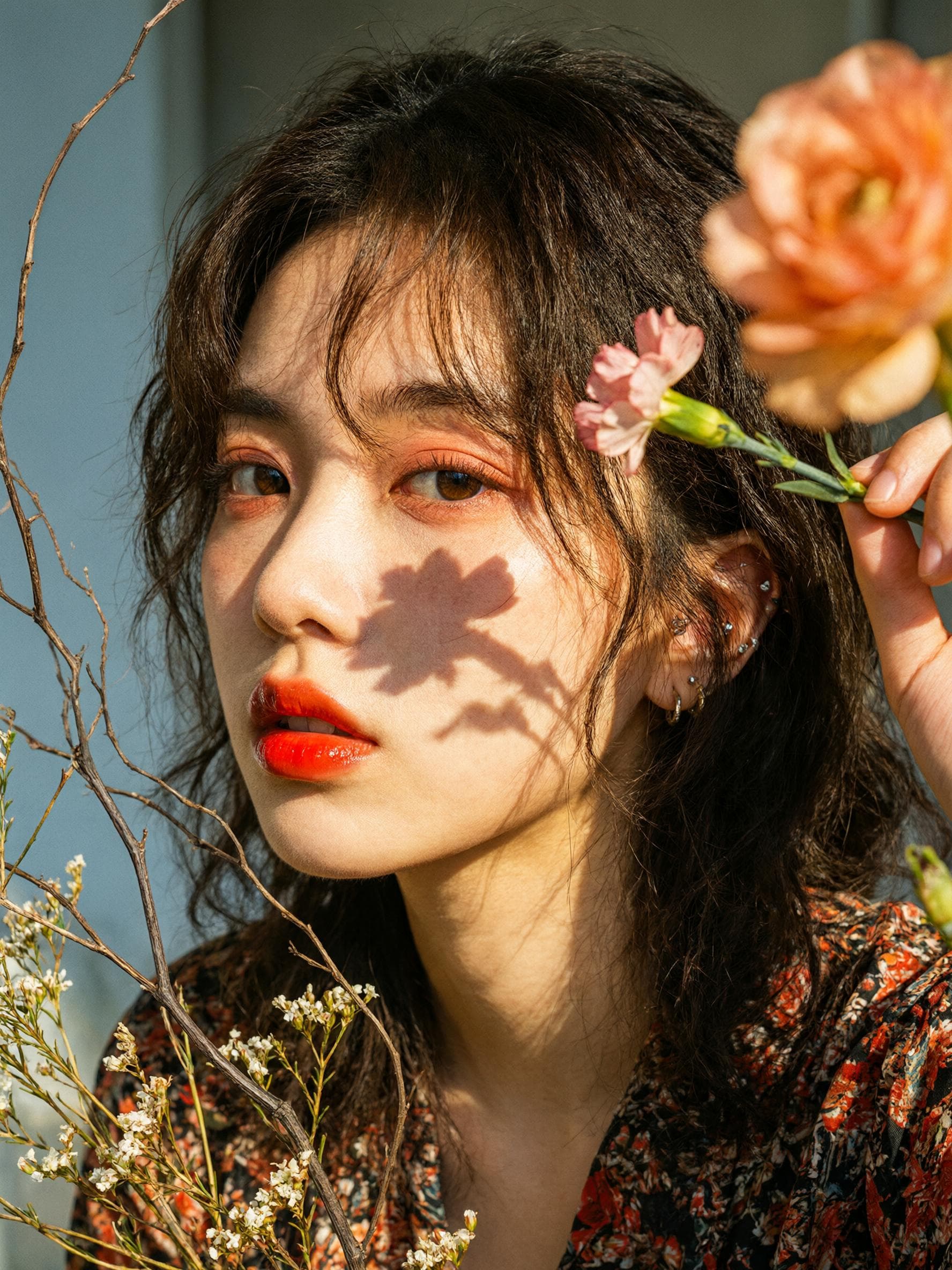 Portrait study with natural skin texture, loose hair, hard sunlight, flowers, and fabric detail