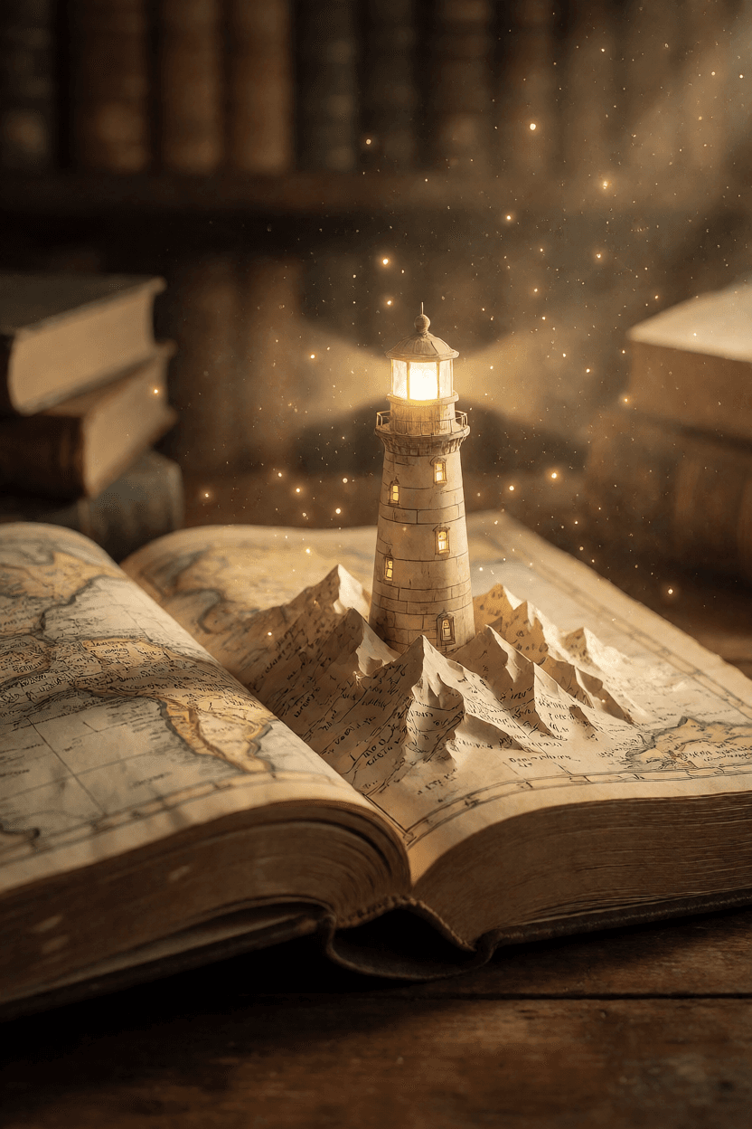 SOL-H3 scene direction study with a paper atlas and a glowing lighthouse