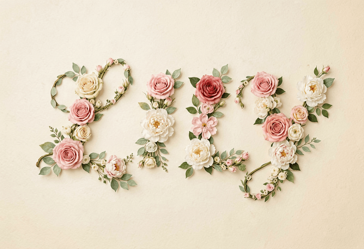 Turn name into flowers for a wedding welcome sign — LILY in rose-and-peony script with romantic curv
