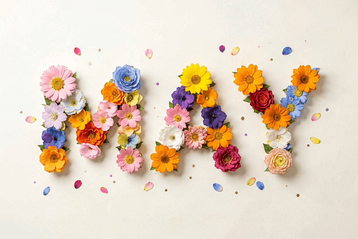 Turn name into flowers for a birthday card — MAY in bright mixed blooms with a cheerful palette.