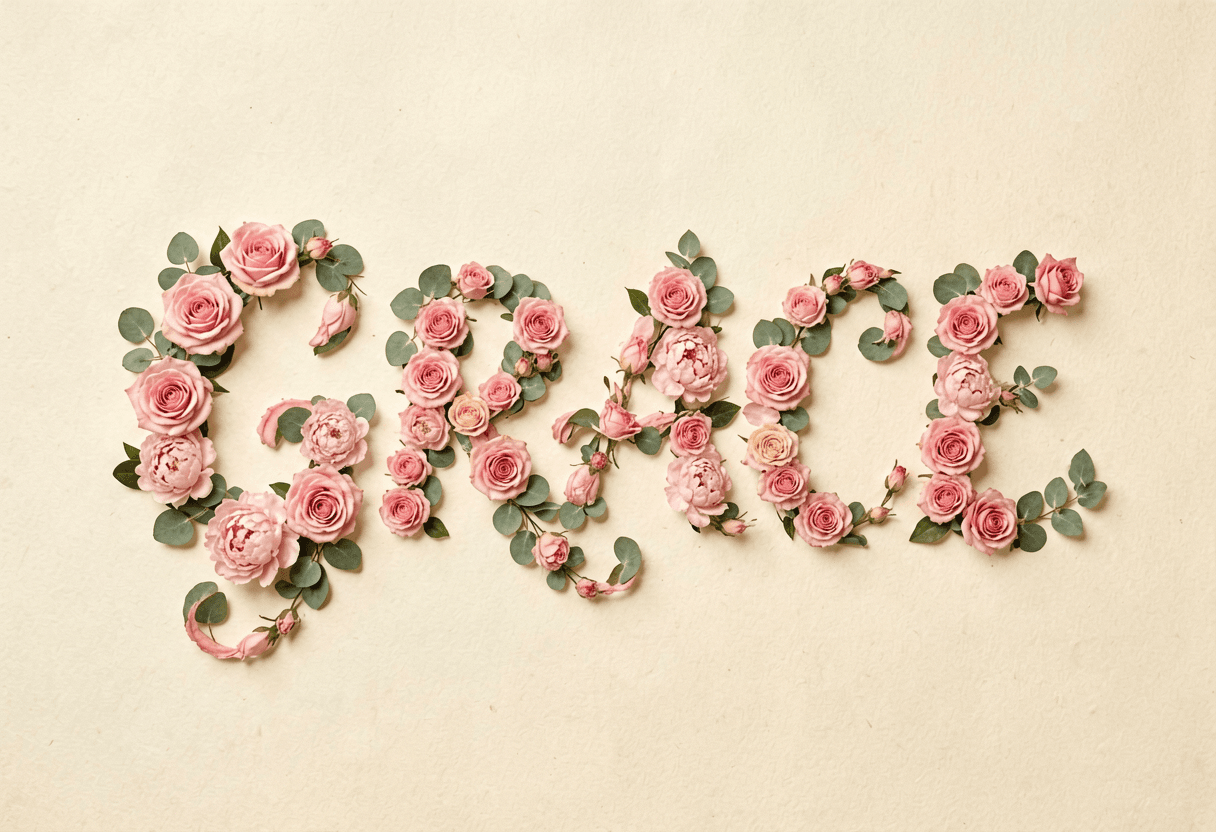 Turn name into flowers for Mother's Day — GRACE in pink roses, peonies and eucalyptus.