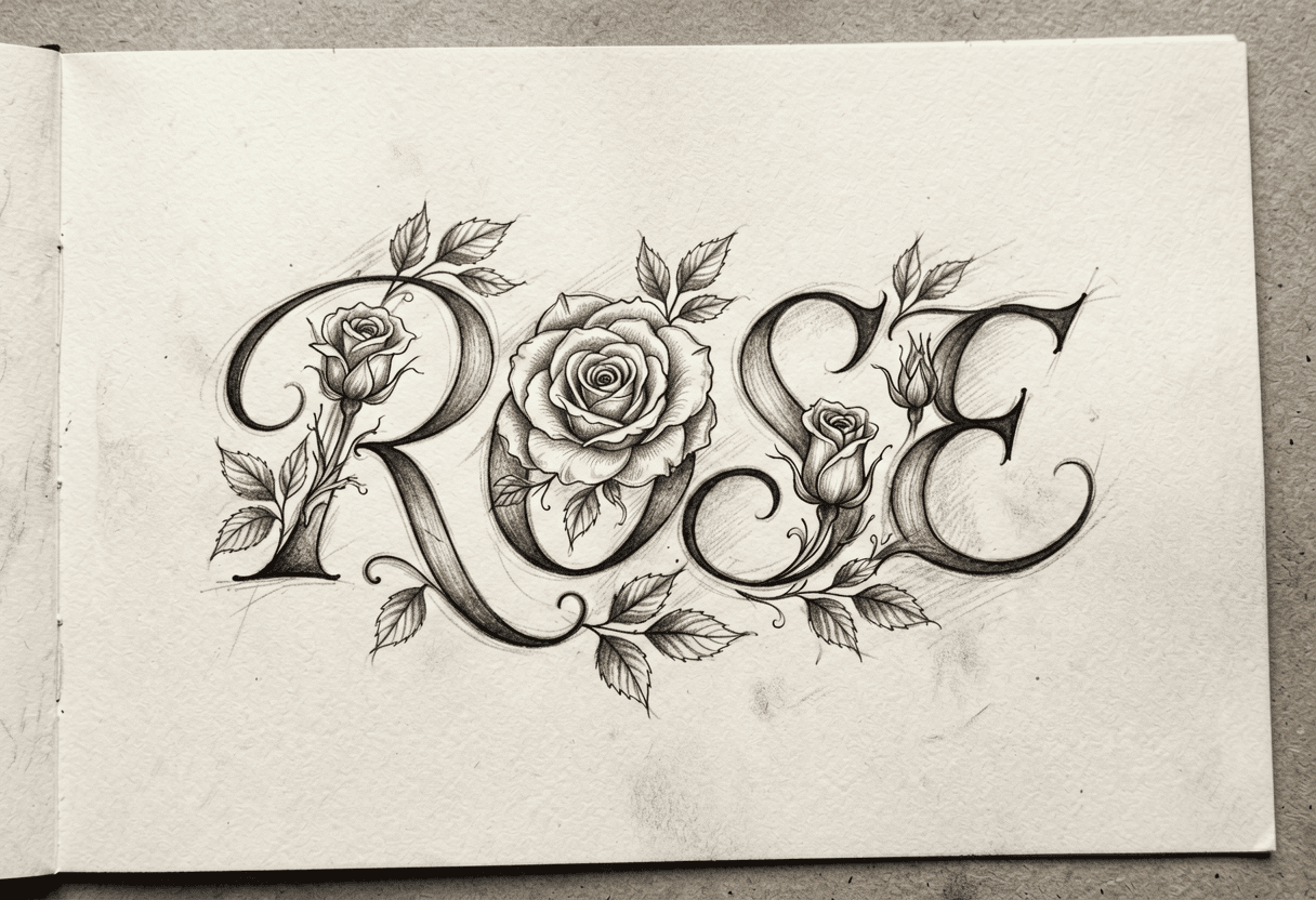 Turn name into flowers as a tattoo concept sketch — ROSE in delicate floral script on paper.