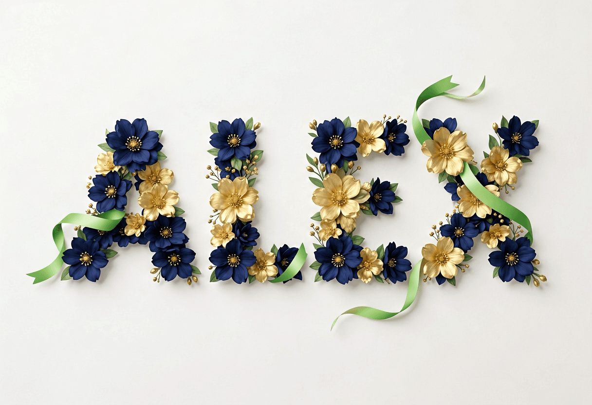 Turn name into flowers for a graduation gift — ALEX in navy-and-gold blooms with ribbon accents.