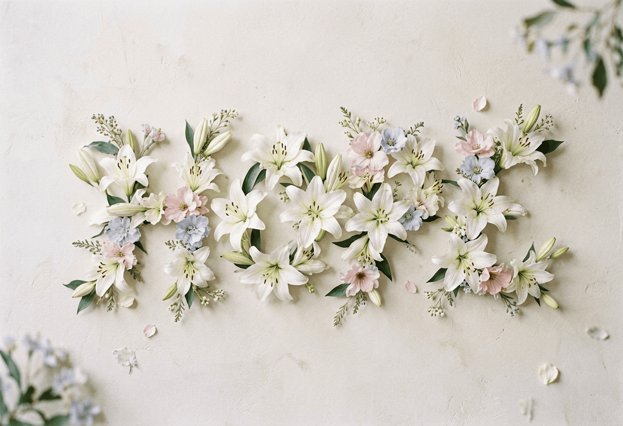 Turn name into flowers for a memorial design — HOPE in white lilies and soft pastel blossoms.
