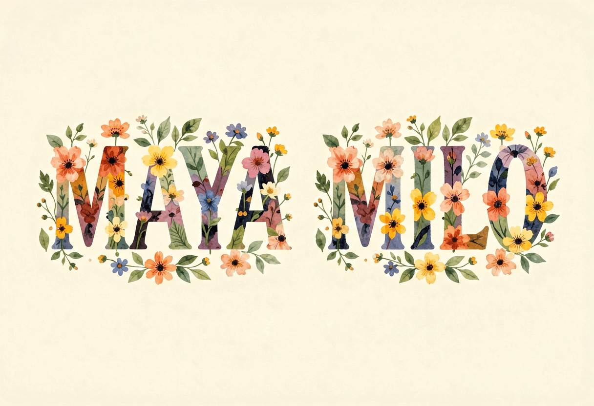 Turn name into flowers for matching sibling prints — MAYA and MILO side by side in coordinated wildf