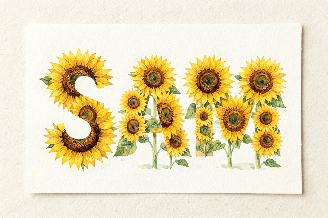 Turn name into flowers for a classroom name card — SAM in bold sunflower capitals.