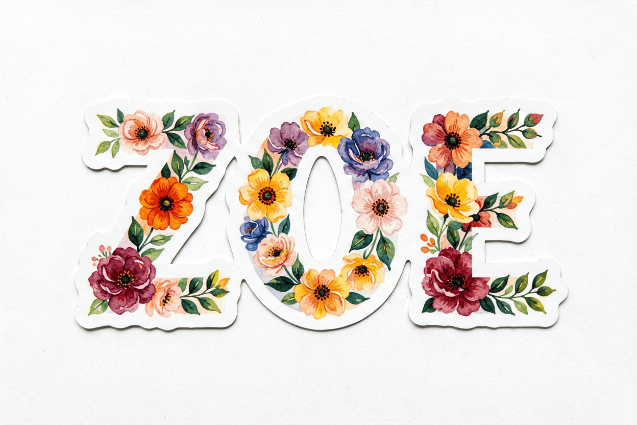 Turn name into flowers for a digital sticker — ZOE in bright floral capitals with a cut-out feel.