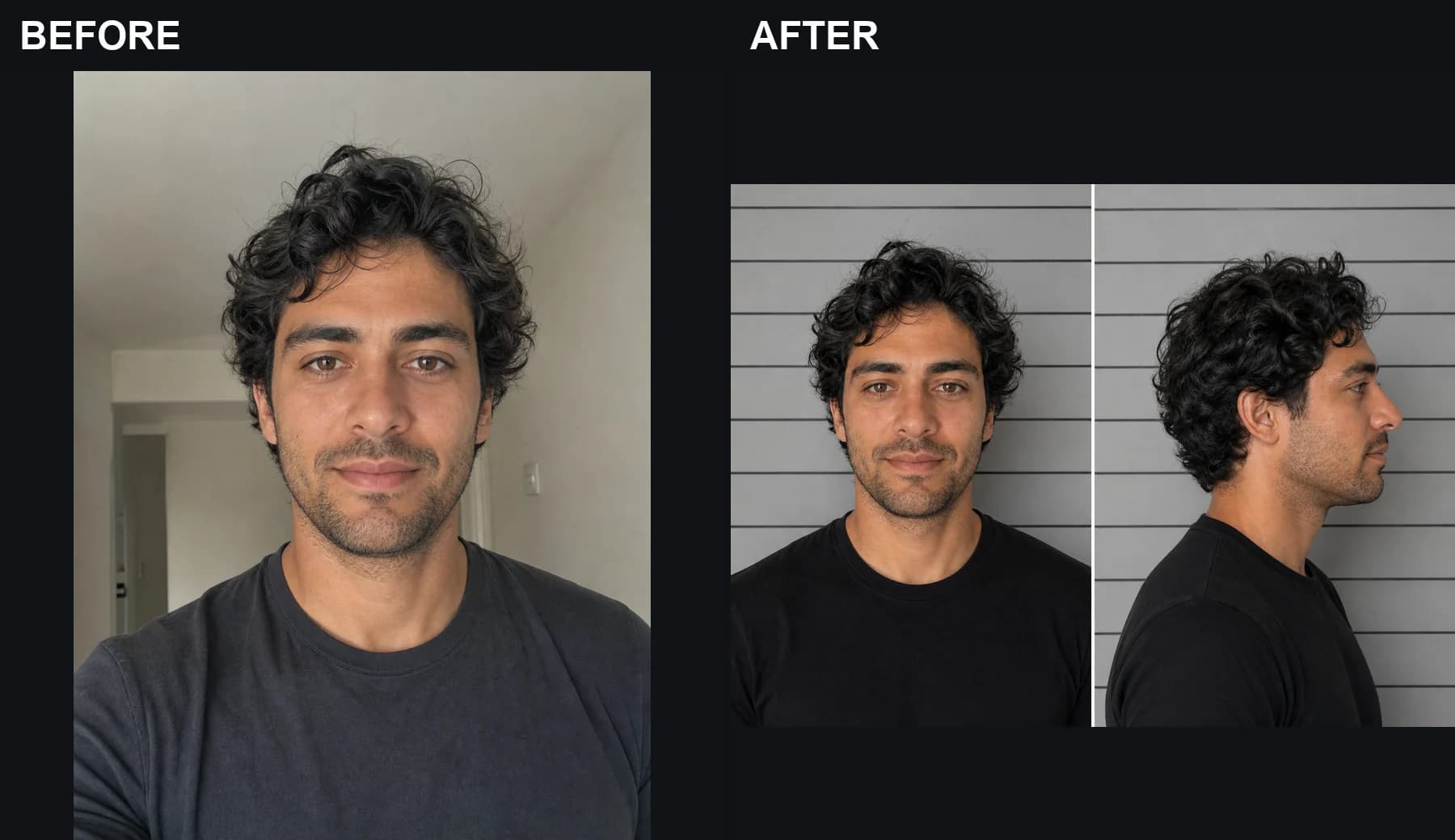 Authorized source portrait and generated fictional front-and-profile contact sheet
