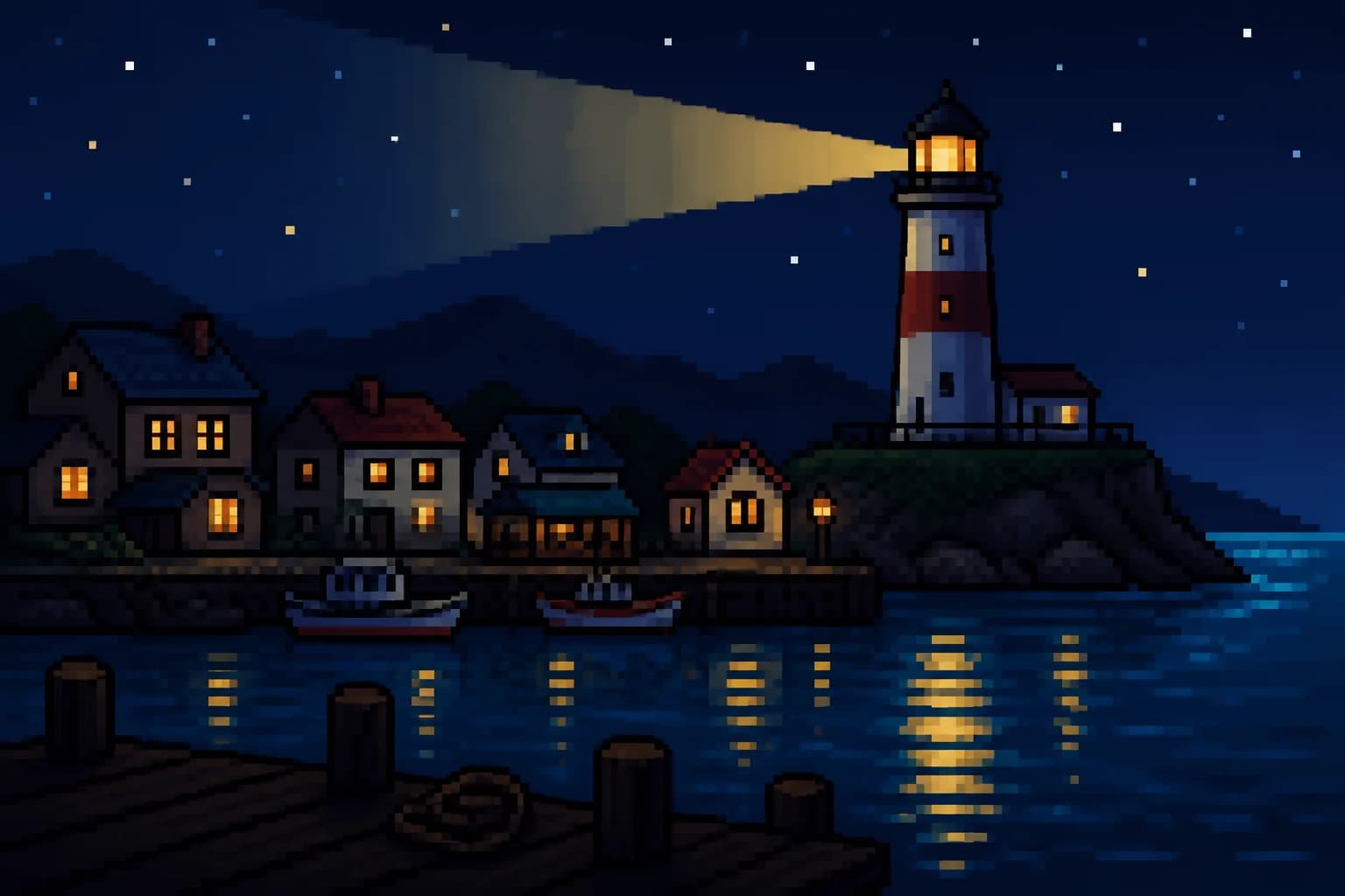Generated pixel-art harbor used to review environment readability